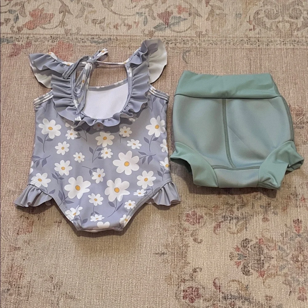 Gray Floral Ruffle Swimsuit with Green Diaper Cover